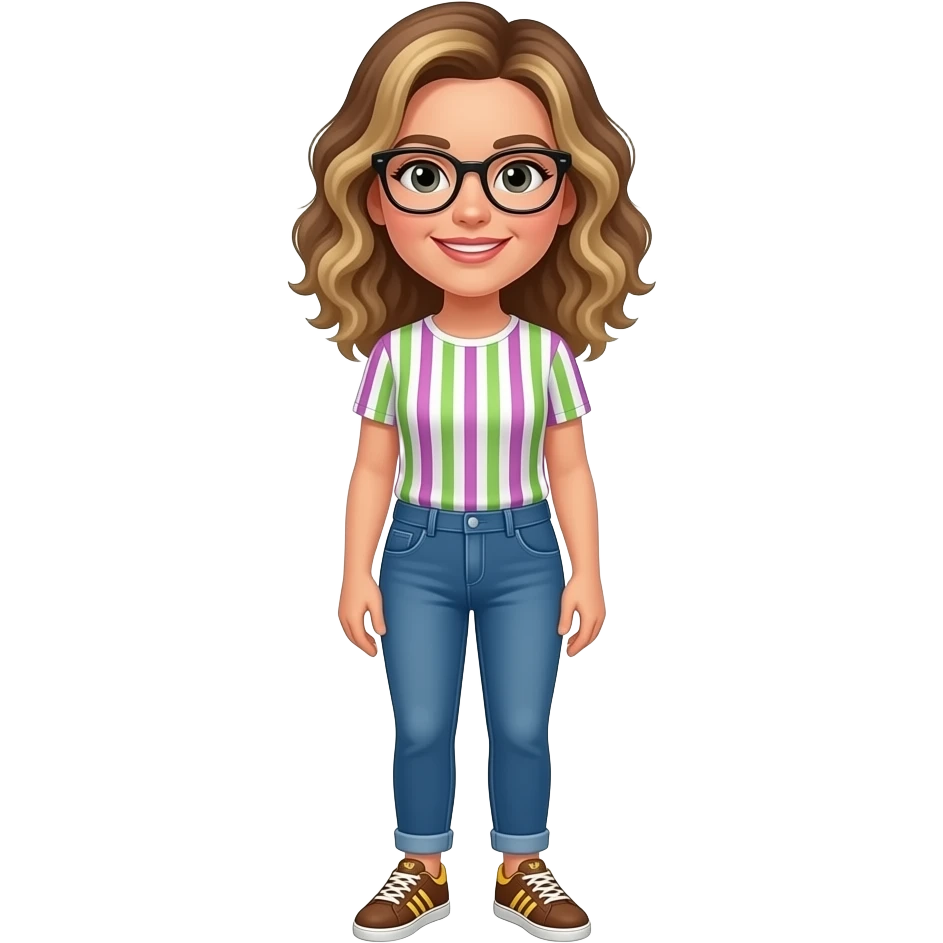 Make an emoji a women teacher dutch with panter glasses and between brown and blonde curly mi long hear with an t-shirt with small green pink and withe purple vertical stripes and a blue jeans witch addidas shoes brown and yellow emoji
