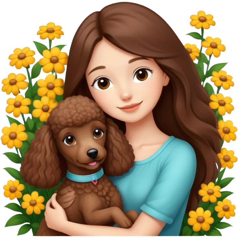 A beautiful girl with long straight hair happily hugs a brown poodle in the flowers emoji