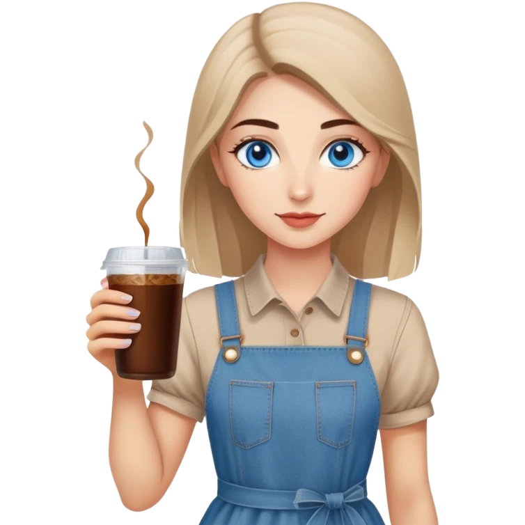 Turkish beautiful finish Konya girl blue eyes with beige denim dress and had on her hand Rose Cold brew coffee   emoji