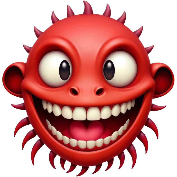 Please Now more glitched Please make Creature comes out of the eye of a another creature who has red skin and a wide smile with long teeth emoji