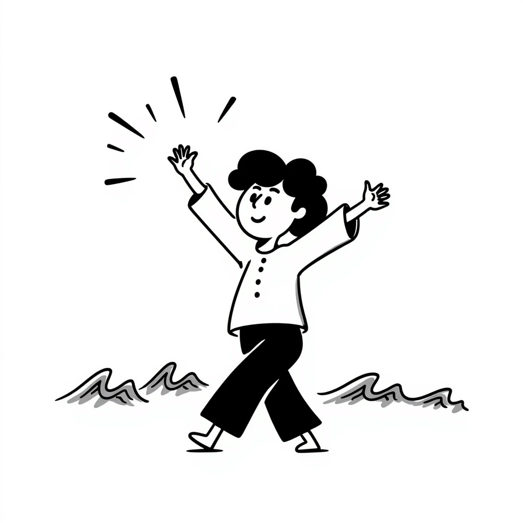 Whimsical character dancing with arms up on beach, sunshine highlighting their silhouette, playful tralalala mood, ocean waves emoji