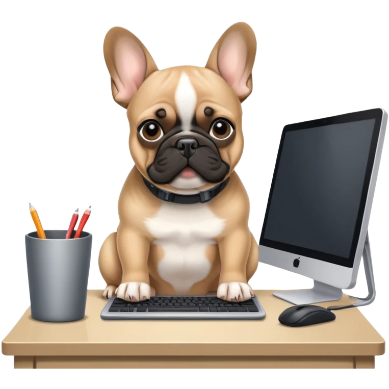 Fawn Frenchie with black muzzle working behind computer emoji