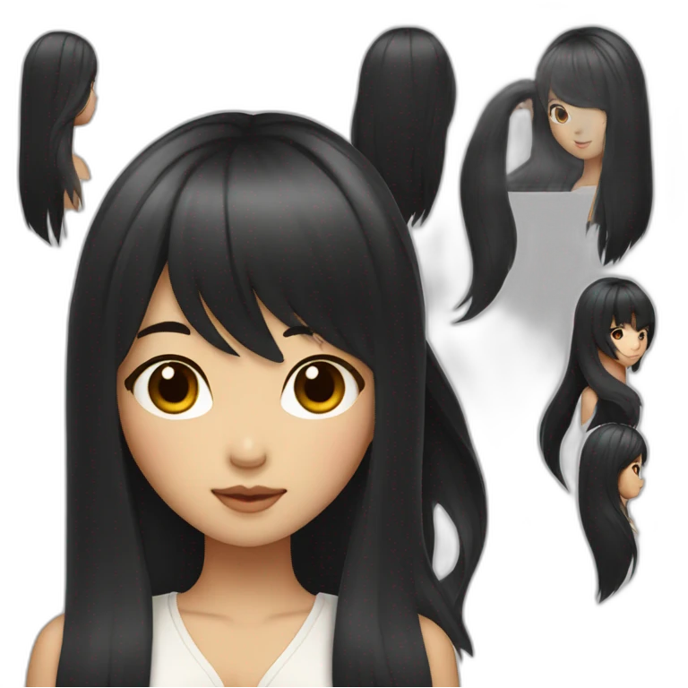 designer korean girl with long black hair and bang. tanned skin emoji
