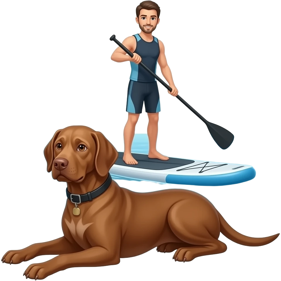 A white-coffee coloured slim Podenco (joung adult) is lying down sphinx like on a sup in front front of a real paddling paddler on the same sup-board in real proportions on sea emoji