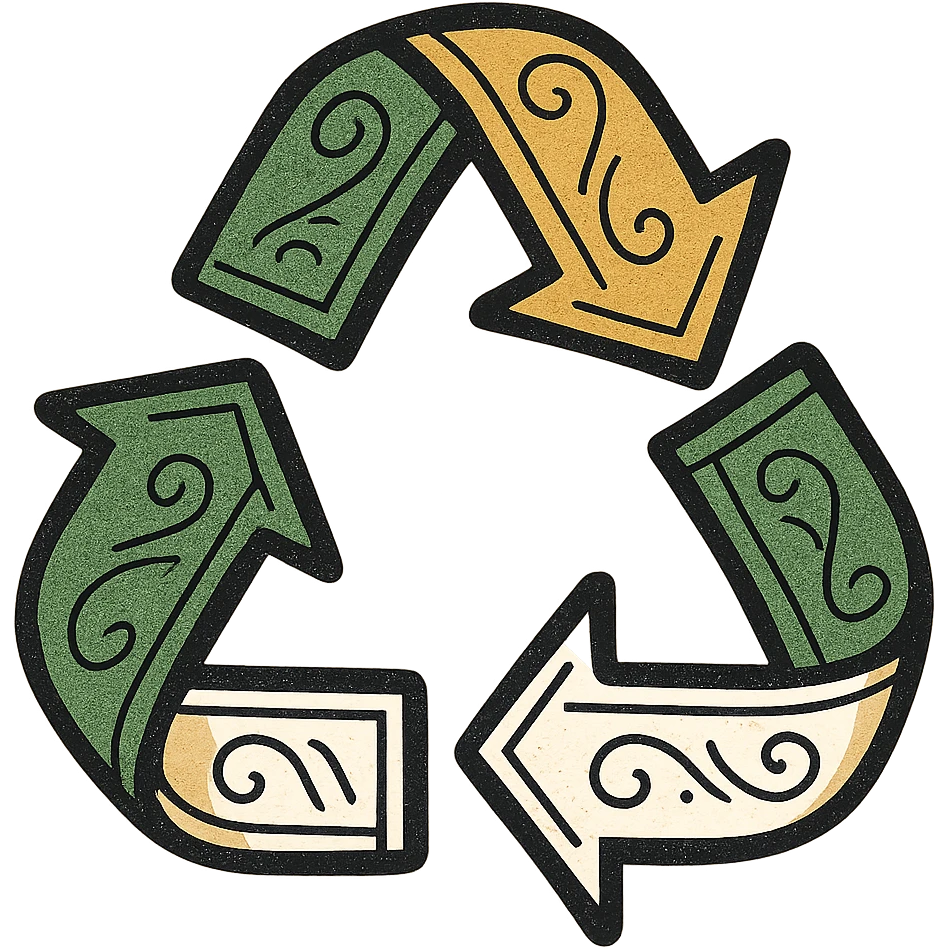 recycling arrows, classic look, green gold and white color scheme, elegant lines, decorative details emoji