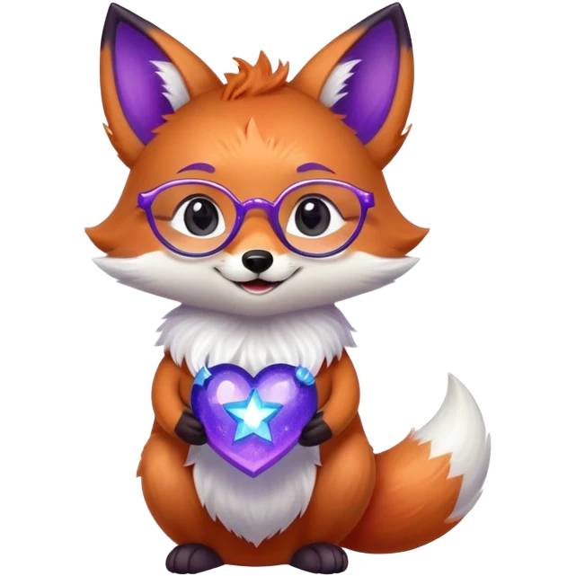 A small magical fox with shimmering purple and blue fur, a glowing fluffy tail, a silver star on its forehead, and round glasses, holding a tiny magical lantern, hugging a big red heart and smiling warmly. 🦊❤️ emoji