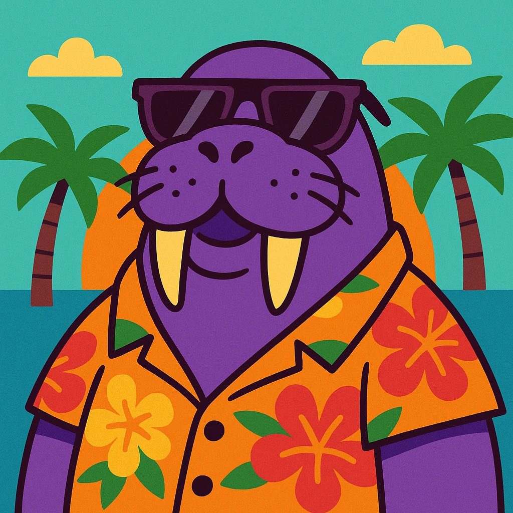 purple walrus in sunglasses and a Hawaiian shirt, cartoon style emoji