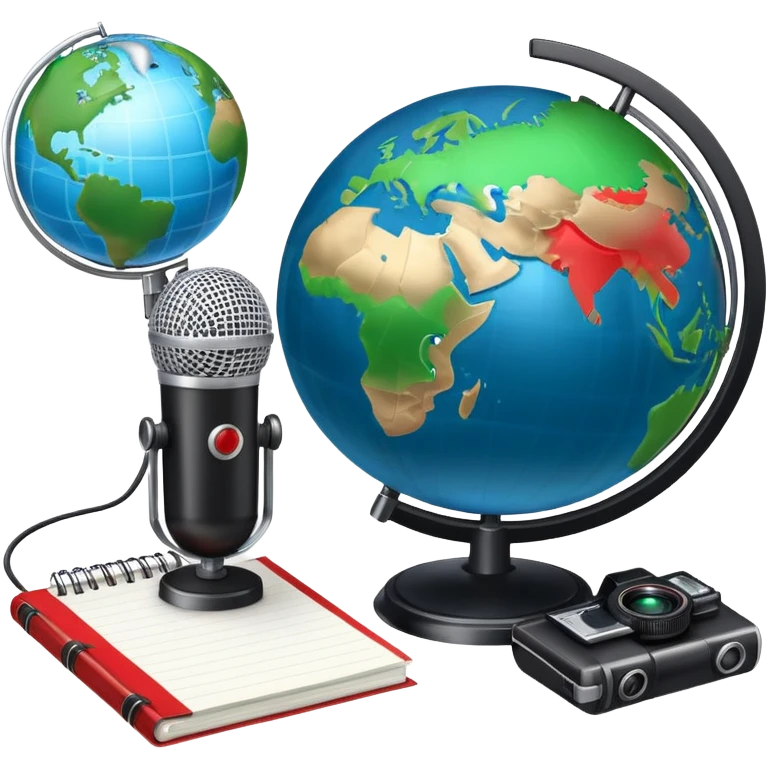An icon showing a microphone, a notepad, and a camera, symbolizing journalism. The design includes a globe in the background, representing global news, and a breaking news banner for emphasis. Transparent background highlights the dynamic world of media and reporting. emoji