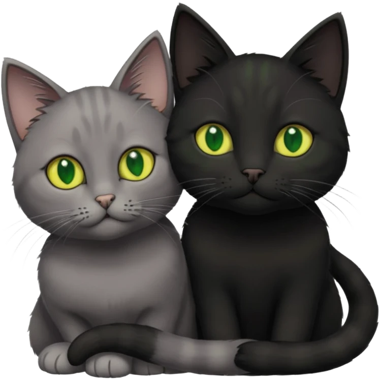 1 grey cat with green eyes and 1 black with yellow/green eyes cat cuddling emoji