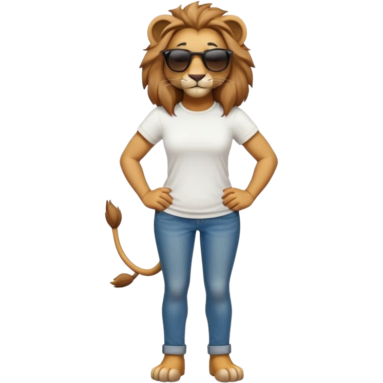 friendly anthropomorphised female lion character, full body, standing confidently with legs shoulder width apart and arms folded, wearing jeans, a white t-shirt, and dark sunglasses, with a confident smile emoji