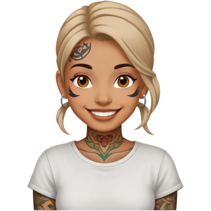 girl with face tattoos, smiling, wearing a shirt emoji