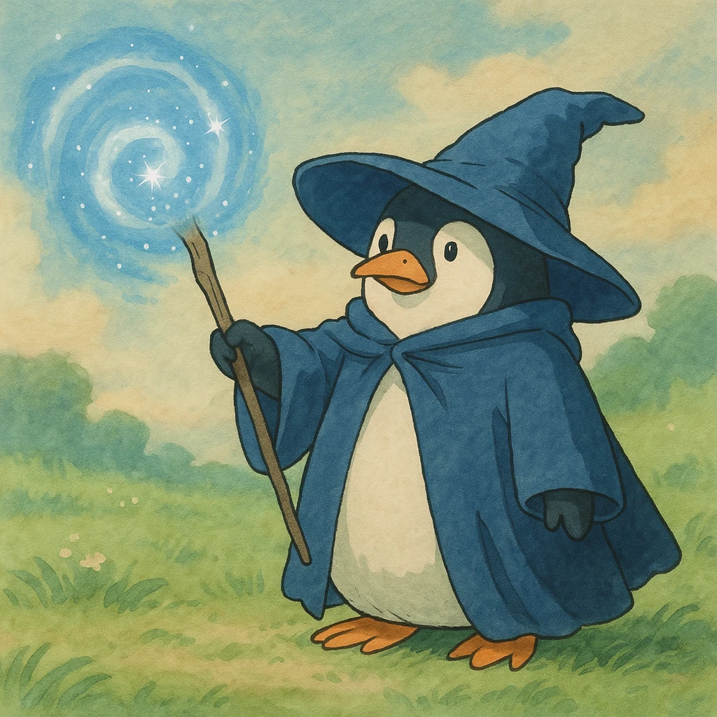 ghibli style penguin wizard casting a spell with a soft background emoji