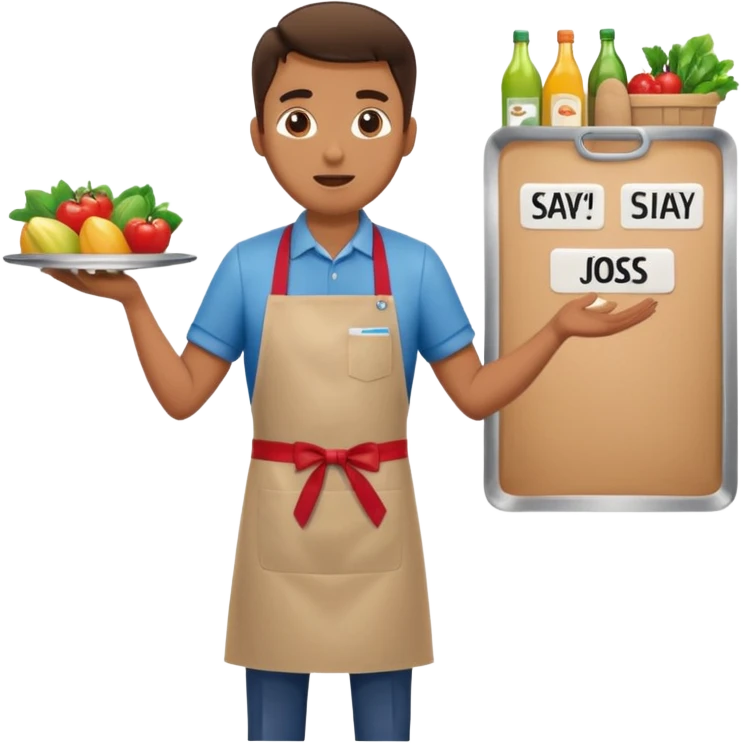 Supermarket employee at a cash register, full body, serving a man surprised emoji