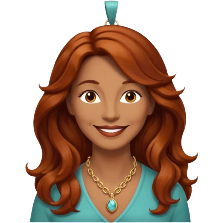 woman in her 50s, long wavy auburn hair, wearing a pendant necklace, warm smile emoji