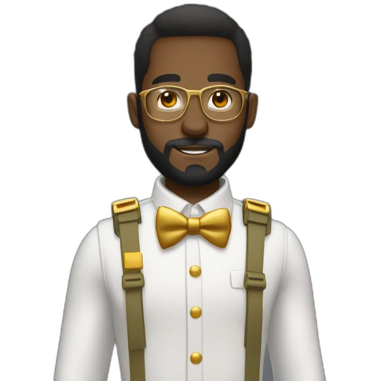 black soldier with beard, part in hair, white collared shirt, bow tie, gold glasses, bulletproof vest  emoji