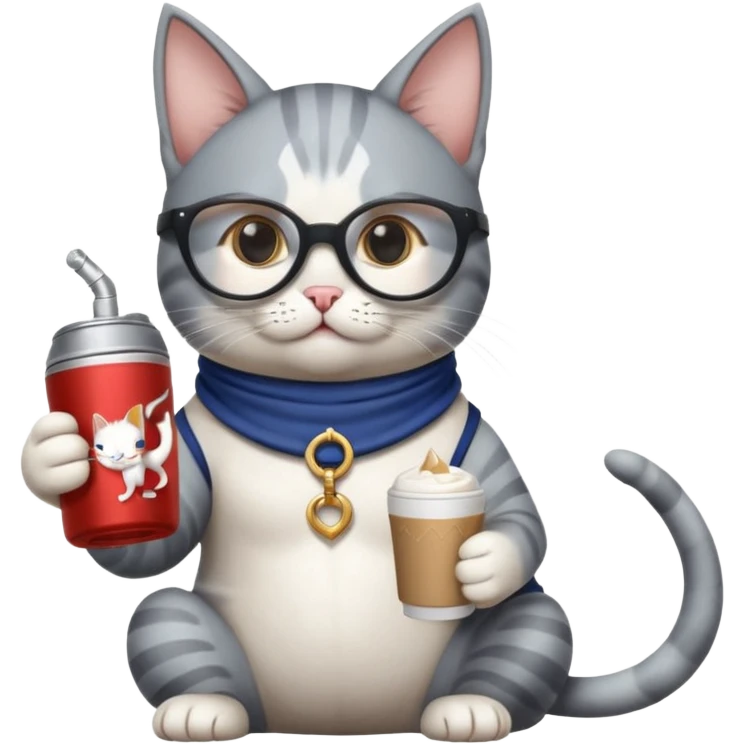 6 cats: viking cat, crusade templary knight cat, fairy cat with a sugar cube, cat drinking a redbull can while holding a gym halter, a cat wearing rounded glasses and drinking coffee, and a cat that is mysterious and enigmatic emoji