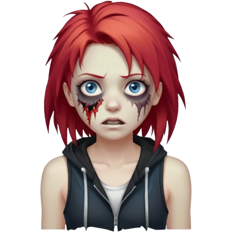 сделай рыжую девушку зомби с избитым лицом, не в полный рост, пусть ее рыжие волосы будут ниже груди с осветленными прядями, глаза у нее будут голубые, а одета она будет в дранную белую майку и черную зип худи emoji