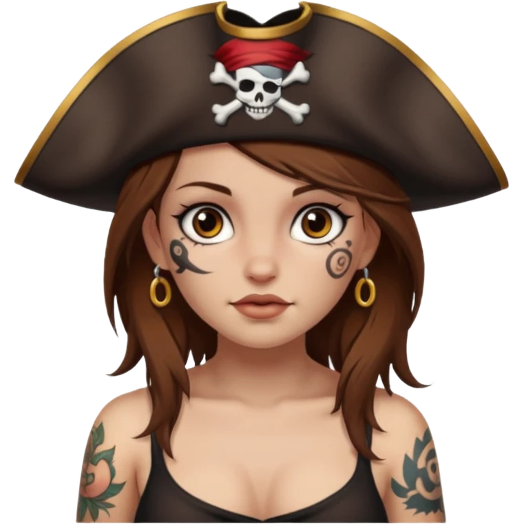 Pirate girl Brown hair brown eyesz white skin, naked with tattoos emoji