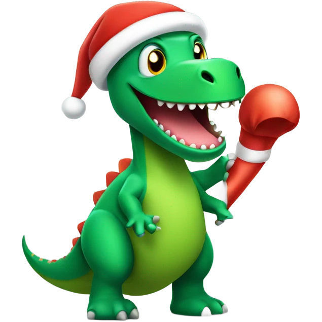 happy green dino wearing santa hat emoji