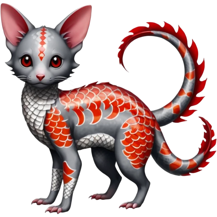 Edgy badass swimmy wet painted intricate ornate Japanese Asian koi-Minccino-Lykoi-Emolga-Sphynx-Linoone-Zangoose-fusion-hybrid-animal-Fakémon-creature, full body, thin long sleek scaly tail, intricate markings emoji