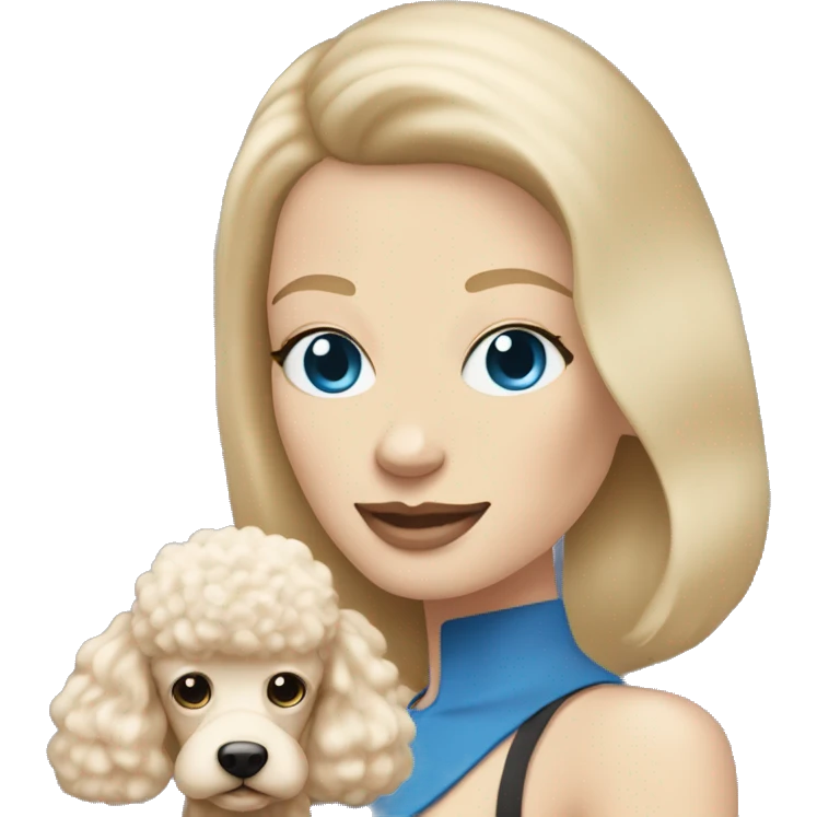  mom with straight blonde hair and blue eyes is holding a cream poodle  emoji