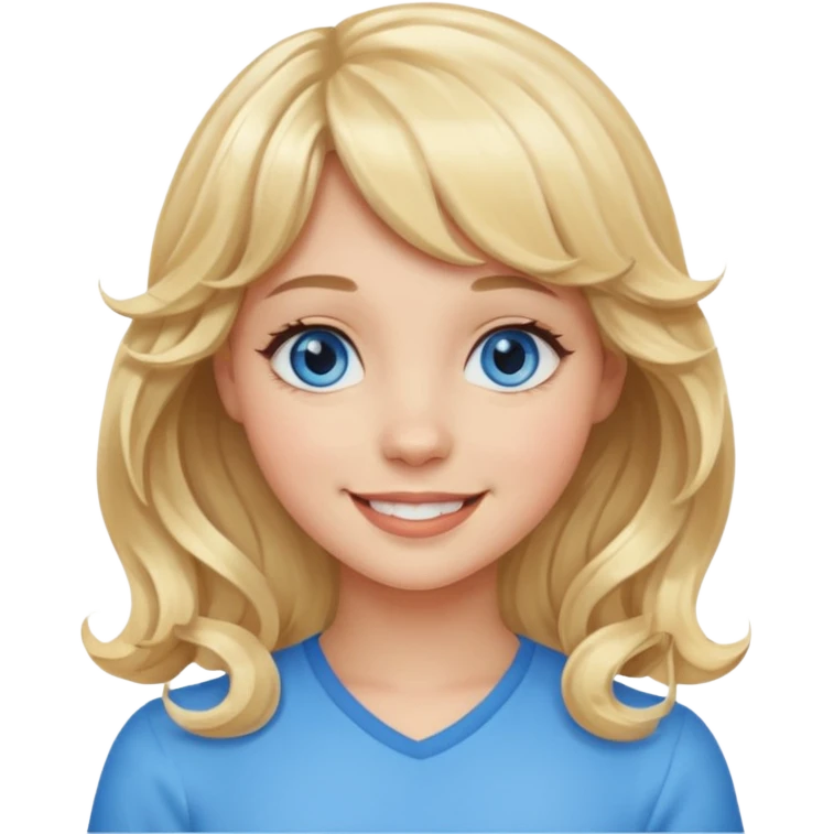 Please generate an image of a girl. She has blue eyes, blonde, wavy hair with bangs, and is smiling. emoji