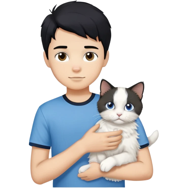 teenage boy with black hair wearing blue short sleeve shirt holding a white ragdoll cat emoji