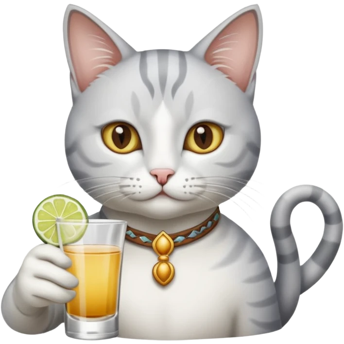 White and grey cat drinking tequila in meksykańskie style  emoji