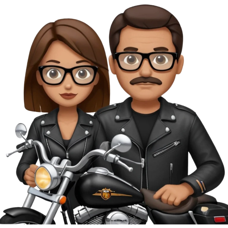 Un couple de biker sur une harley road king noire, l'homme no moustache et une paire de lunettes demetz ros21, la fille a des cheveux plus dans les tons chatain emoji