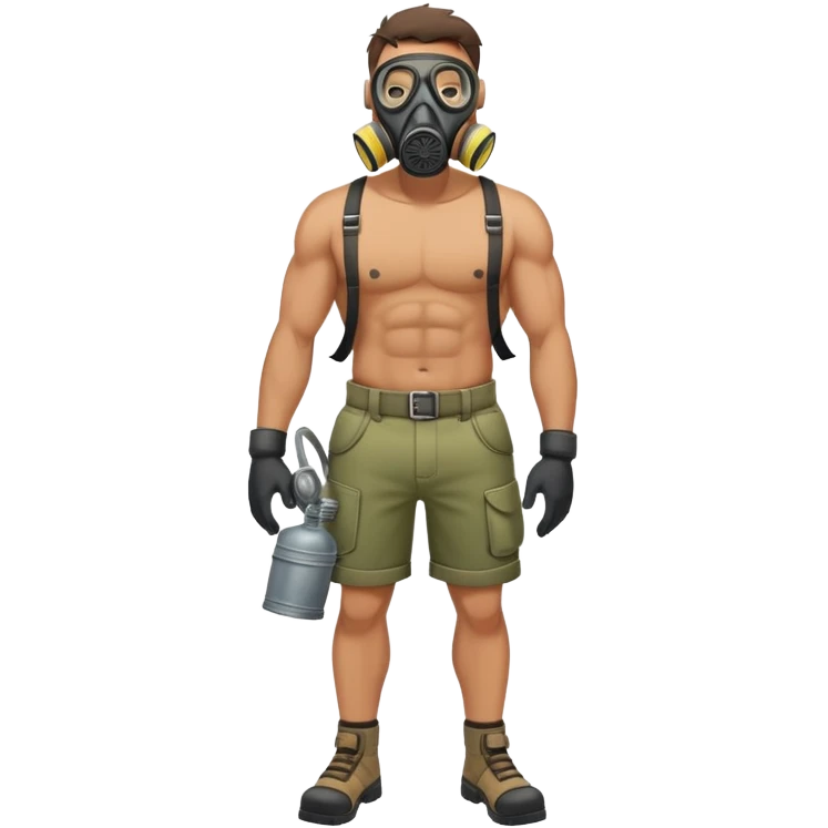 A beefy man without a T-shirt, wearing only a gas mask and shorts, is leaning on  emoji