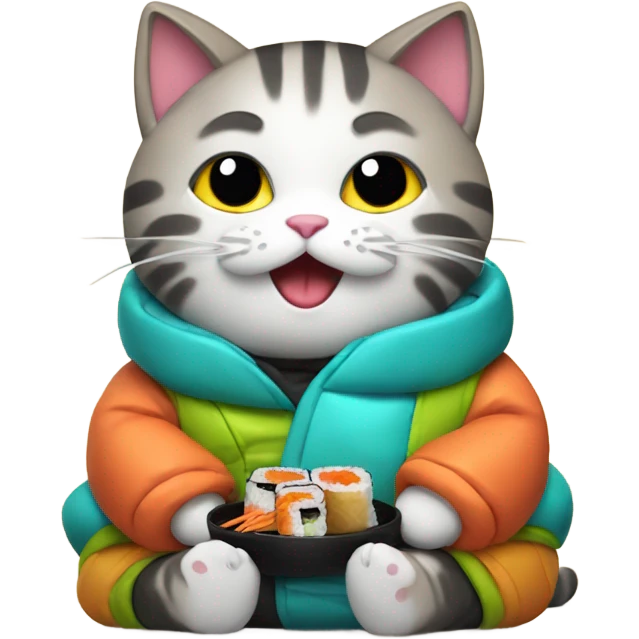 cat wearing a puffy jacket eating sushi emoji
