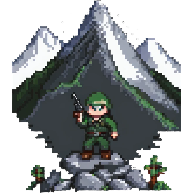 Small pixelated character with a gun shooting at a mountain with enemies emoji