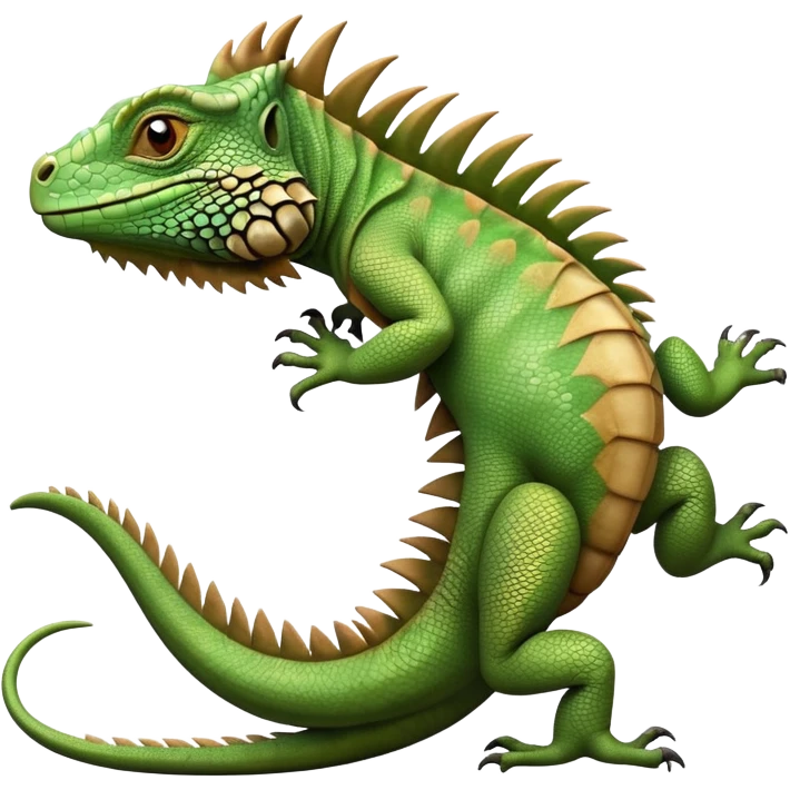 cinematic-iguana-realistic-full-body-basking-emoji,-long-scaly-body-stretched-out,-spiny-ridge-running-down-its-back,-textured-green-and-brown-skin-dappled-with-light,-sharp-intelligent-eyes-studying-the-surroundings emoji