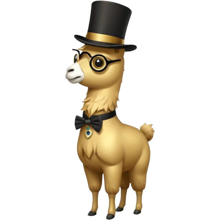 A small golden llama silhouette wearing a black top hat and a single eye monocle, full body shot emoji