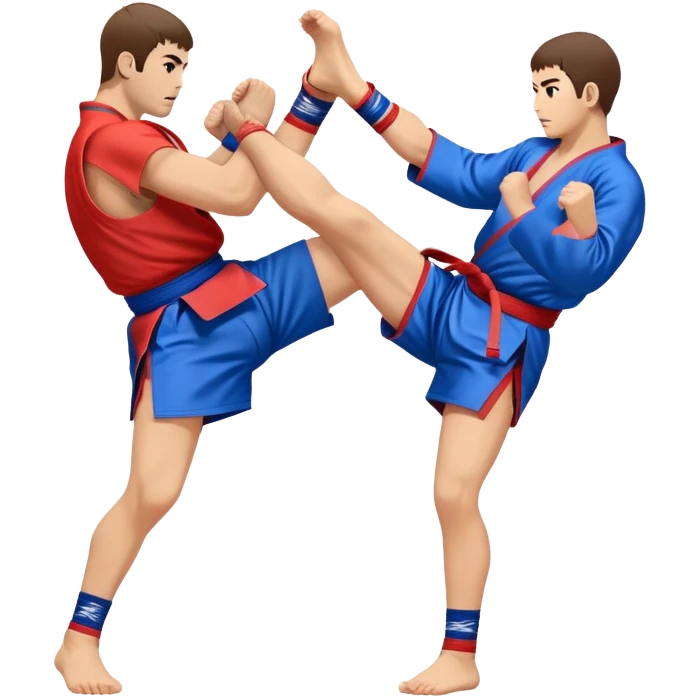An icon symbolizing Sambo, featuring two fighters in blue and red kimonos with shorts and wrestling shoes. One executes a powerful throw, while the other attempts a defensive grab. The fighters are engaged in a grapple, using joint locks and sweeps.  emoji