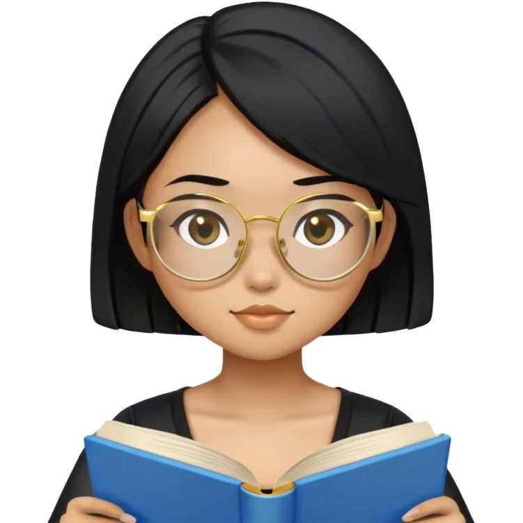 pretty asian girl sitting reading a blue book black top gold glasses black hair emoji