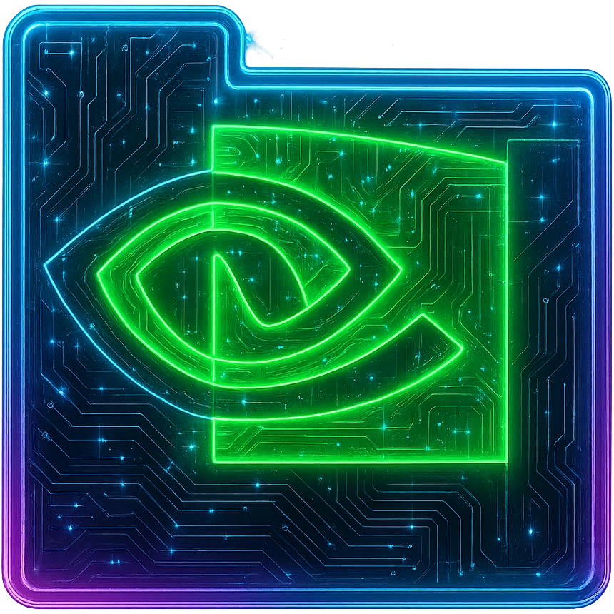 Transform the NVidia logo into a cyberpunk, holographic style with glowing neon green, blue, and pink edges. Add intricate circuit patterns throughout the entire icon while maintaining the recognizable NVidia eye shape and green color. Overlay neon and circuit effects in a futuristic, clean cyberpunk style with a consistent glow and detailed circuit elements. The background should be transparent. emoji