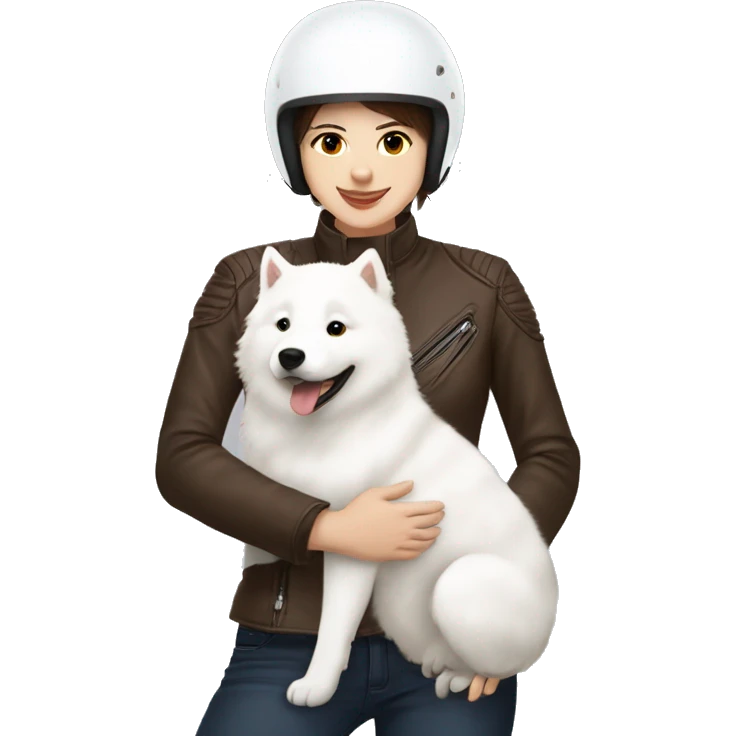 Girl biker white skin and brown short hair with a agv helmet hugging a white Samoyed emoji