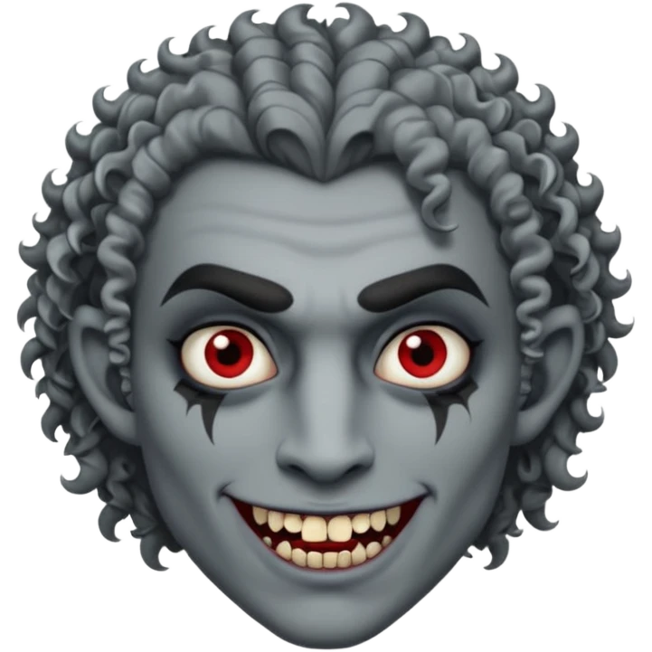 Vampire with grey skin, fanged teeth, piercings on eyebrow, two dermal piercings on cheek, and curly hair male emoji