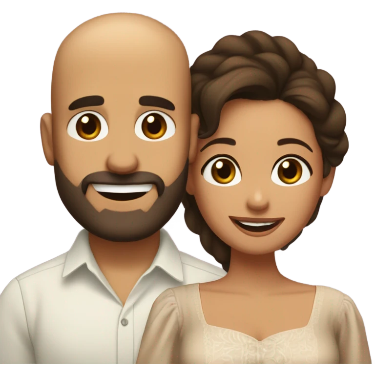 Brown-haired Puerto Rican woman with dark brown eyes wearing a cute blouse giving comforting hug to short, bald man with brown eyes, laugh lines, and a beard emoji