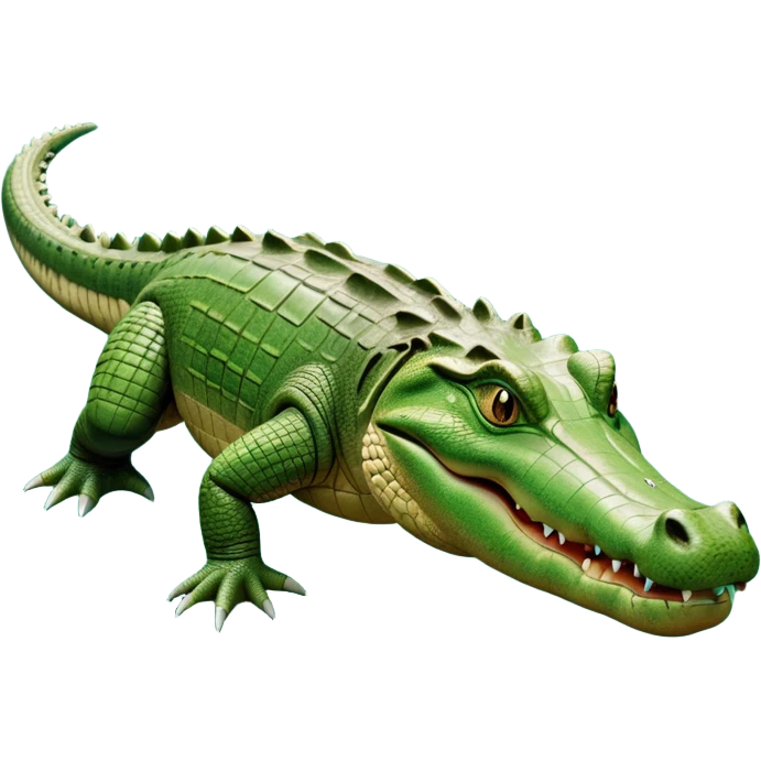 cinematic-crocodile-realistic-full-body-on all fours-emoji,-massive-scaled-body-partially-submerged-in-shallow-water,-head-tilted-dramatically,-rough-green-and-brown-hide-textured-with-deep-ridges,-simplified-yet-realistic-focused-features, head held high emoji