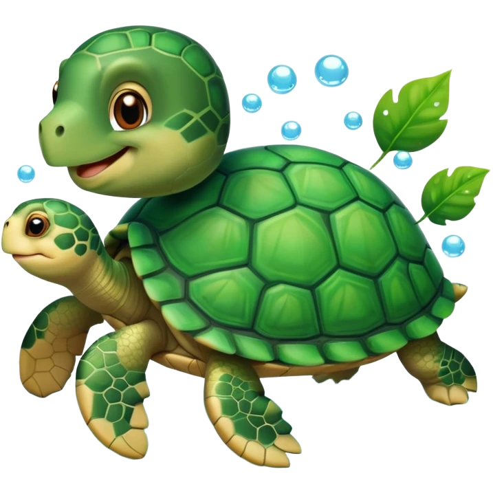 A cute turtle with a shell made of green leaves and bubbles floating around it emoji
