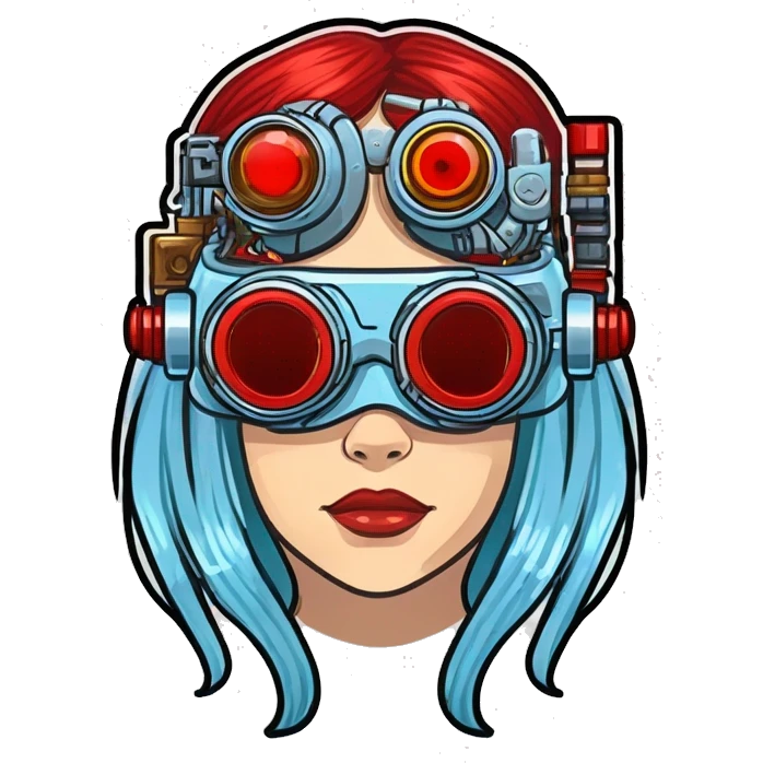 Light blue long hair female cyborg head with red steampunk goggles and circuits emoji