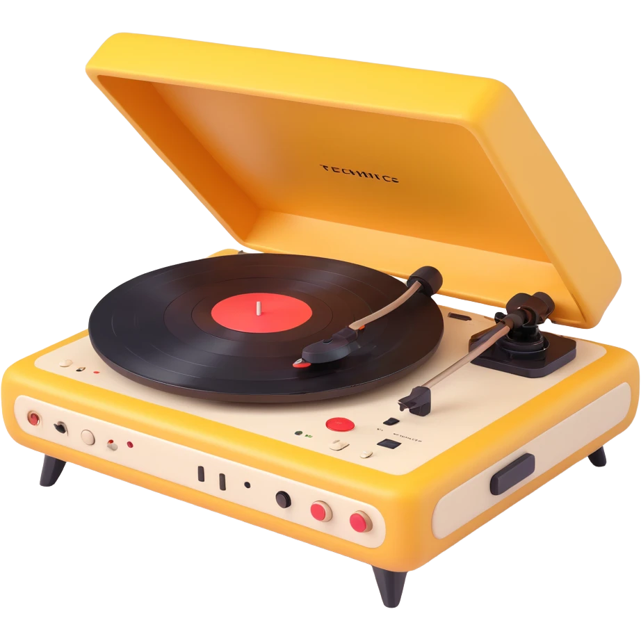 3D Disney Pixar-style record player, resembling Technics turntable, whimsical details, friendly animated look emoji