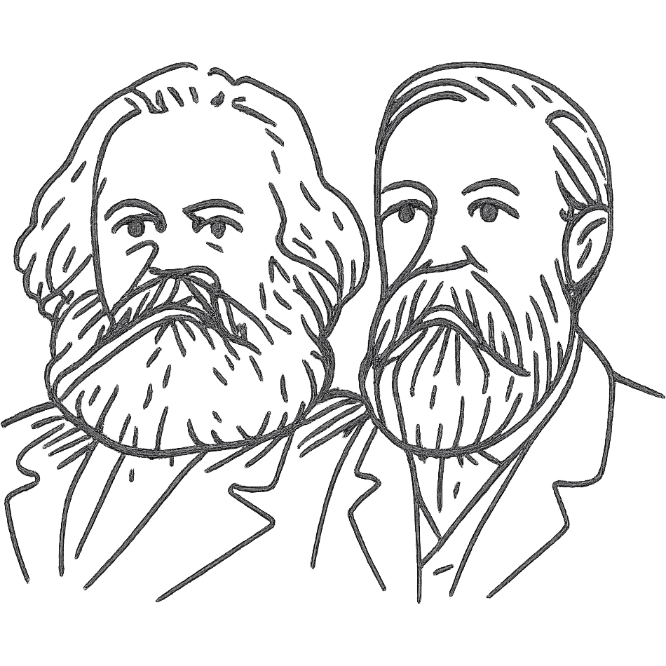 a black outline portrait of Karl Marx and Engels together based on a famous portrait of them, with eyes the same size emoji