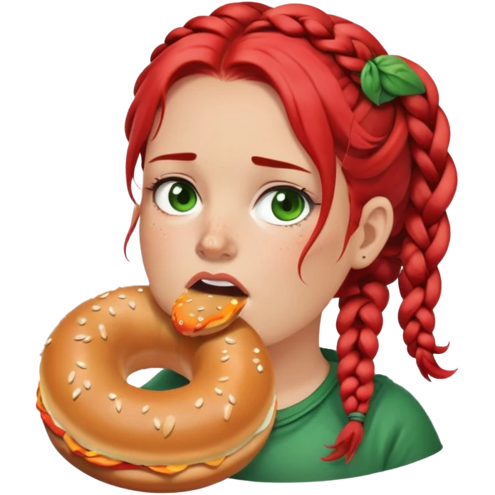 Fat white girl with red braids and acne eating a bagel with a green smoke around her with flies emoji