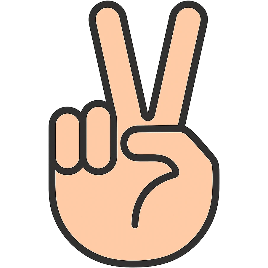A hand making the peace sign viewed from the back (dorsal side), in a clear icon style with transparent background. emoji