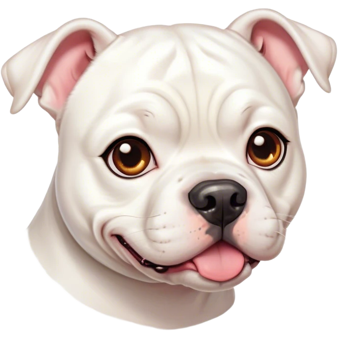 Cinematic Cute White American Bulldog Portrait Emoji, Head tilted playfully and inquisitively, smooth white fur with a healthy sheen, round, sparkling brown eyes filled with curiosity, Simplified yet irresistibly adorable features, highly detailed, glowing with a warm, friendly glow, high shine, affectionate and lively, stylized with a touch of whimsy, bright and endearing, soft glowing outline, capturing the essence of a mischievous yet loving pup, so playful it feels like it could bound out of the screen and into your arms! emoji