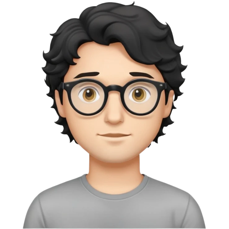 Young caucasian man with black wavy hair, round glasses, wearing a grey t-shirt emoji