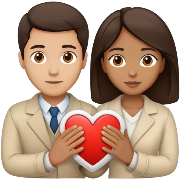 A couple with dark brown hair and mixed skin tone inside a white heart, both wearing beige clothes emoji
